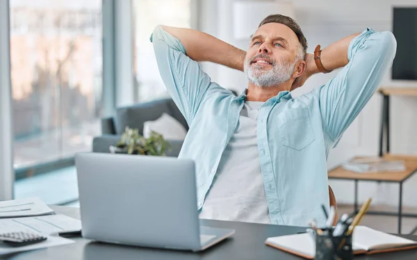 Joys Being Entrepreneur Mature Businessman Sitting Alone His Home Office — Stock Photo, Image