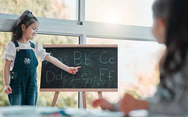 Were Learning Our Abcs Today Young Girl Pointing Letter Blackboard — Photo