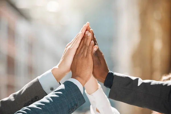 Greatness What Awaits Group Businesspeople High Fiving One Another — Foto Stock