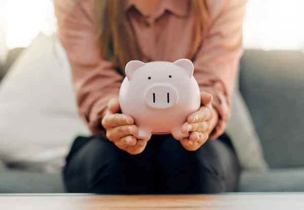 Budget Telling Your Money Unrecognizable Female Holding Piggy Bank Home — Fotografia de Stock