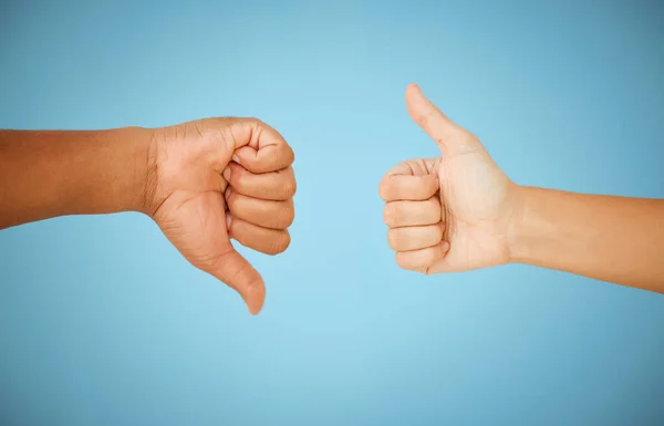 Unclear Outcome Unrecognizable People Showing Thumbs Thumbs Blue Background — ストック写真