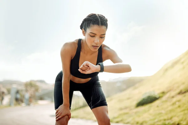 Getting Better Better Young Woman Taking Break Run Check Her — Φωτογραφία Αρχείου