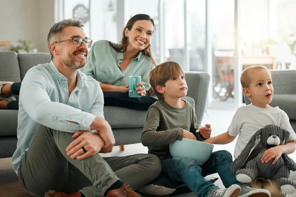 Weekends Family Time Young Family Watching Together Home — Foto Stock