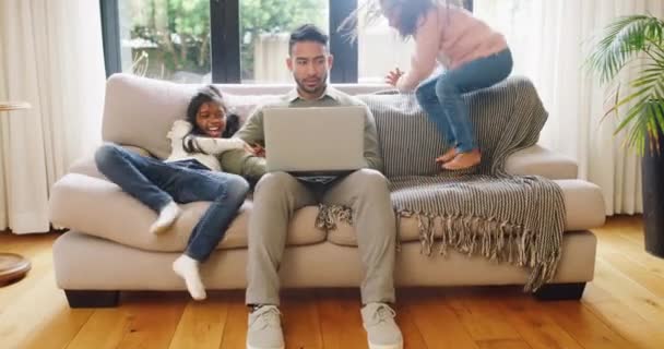 Stressed Freelance Father Being Distracted Children While Typing Email Little — Stock video