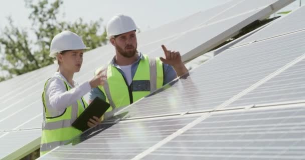 Video Footage Two Engineers Checking Solar Panels — Vídeo de stock