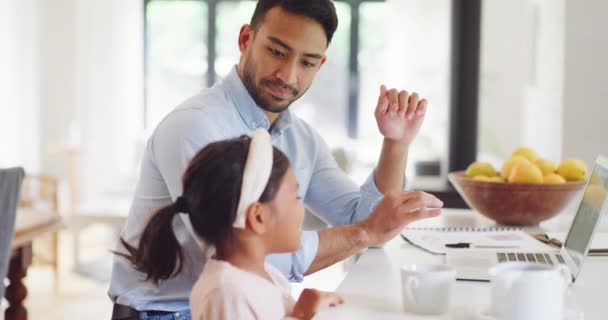 Freelancing Dad Using His Laptop While Being Disturbed His Daughter — Vídeos de Stock