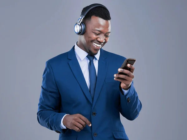 Accessing His Favourite Playlists Handsome Young Businessman Using His Cellphone — Foto de Stock