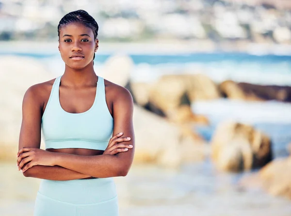 Beach Run Closeup Shot Beautiful Young Woman Standing — ストック写真