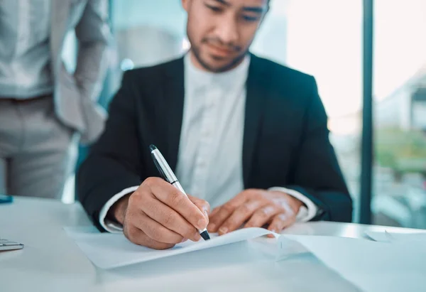 Action Breeds Confidence Courage Young Businessman Signing Contract Office — Stok fotoğraf