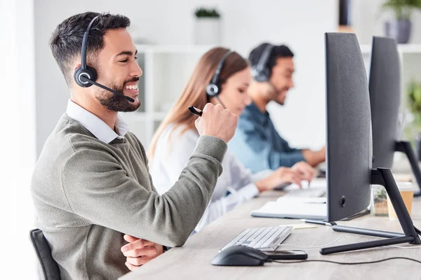 Solving Problems One Call Time Handsome Young Male Call Center — Fotografia de Stock