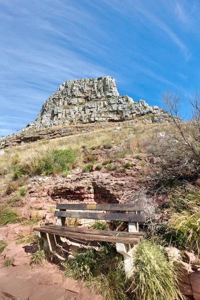 Bench Beautiful View Majestic Mountain Clear Blue Sky Copy Space — Stockfoto