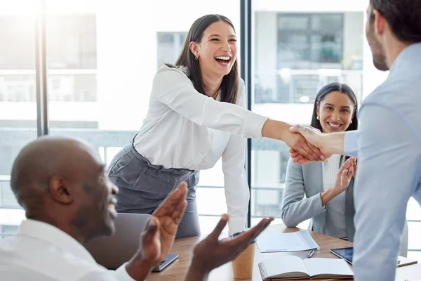 Youve Done Really Great Two Businesspeople Shaking Hands Office Work — Stockfoto