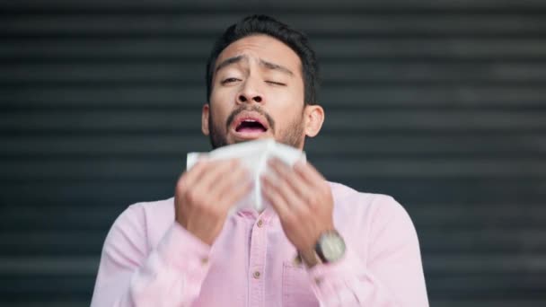 Sick Allergic Sneezing Young Man Irritated Male Blowing Nose Tissue — Video