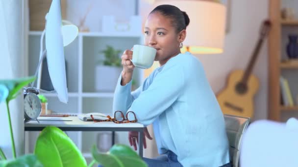 Woman Drinking Cup Coffee While Taking Break Working Computer Home — Wideo stockowe