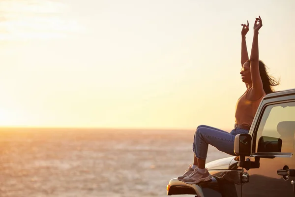 Celebrate Alone You Have Young Woman Celebrating Personal Victory While — Fotografia de Stock