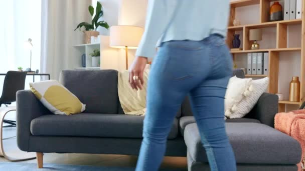 Happy Relaxed Woman Lying Hands Her Head Home Living Room — Vídeo de stock