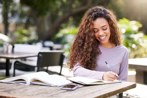 Taking Notes Helps Remember Better Young Female Student Studying Cafe — Foto Stock