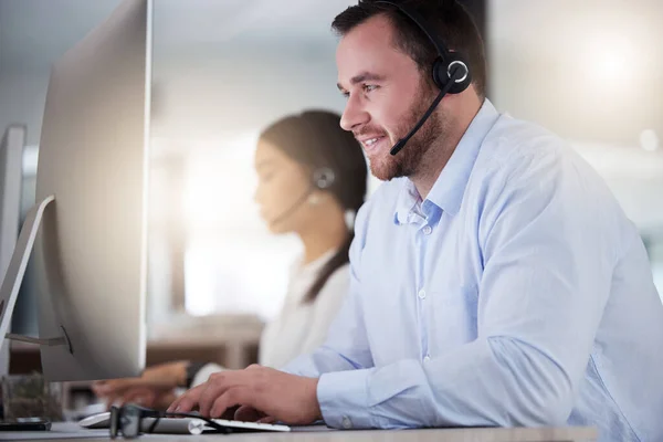 Give Sec Log You Young Call Centre Agent Working Computer — Stock Photo, Image