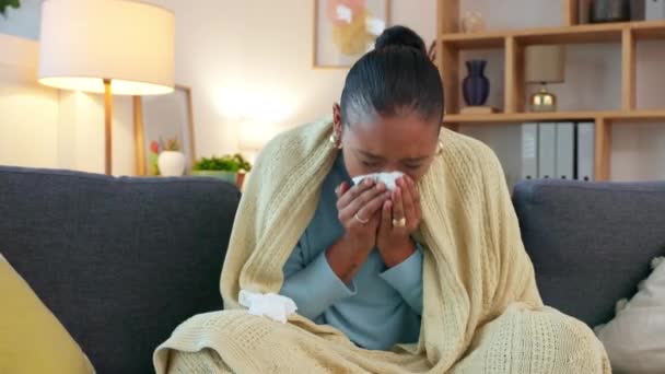 Sick Woman Suffering Covid Fatigue While Sitting Couch Home Unwell — Stockvideo