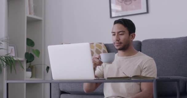 Writer Drinking Tea Reading His Work Laptop Looking Satisfied Pleased — Vídeos de Stock