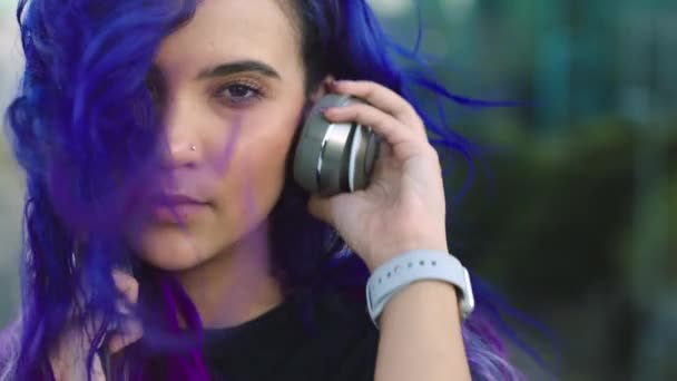Trendy Young Woman Putting Headphones Listen Music Stream Songs Closeup — Video