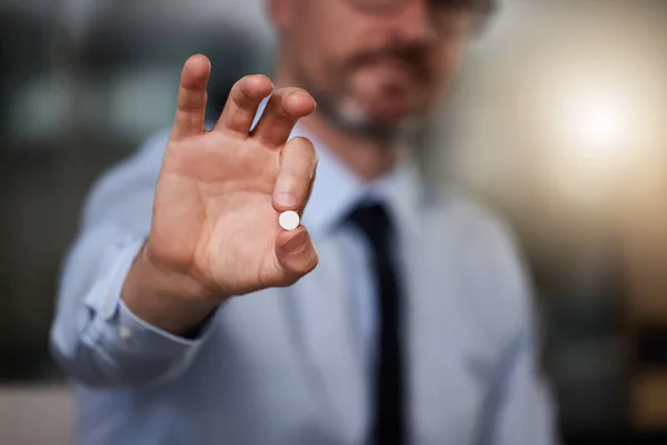 Quick Easy Pain Relief Unrecognizable Businessman Holding Painkiller His Hand — Stockfoto