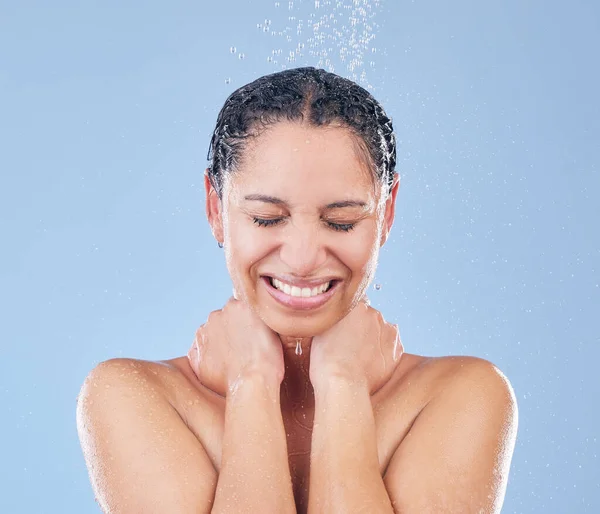 Always Feel Better Shower Beautiful Young Woman Taking Shower Blue — Fotografia de Stock