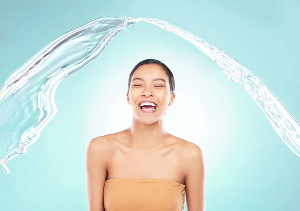 Refreshing Smile Beautiful Young Woman Being Splashed Water Studio Background — стоковое фото