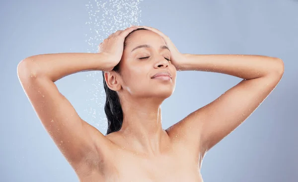 Rinse Away Day Young Woman Taking Shower Blue Background — Stok Foto