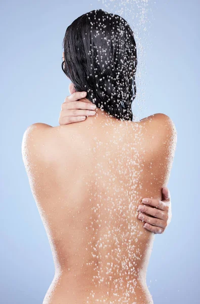 Shower All Need Unrecognizable Woman Washing Her Hair Shower Blue — Fotografia de Stock
