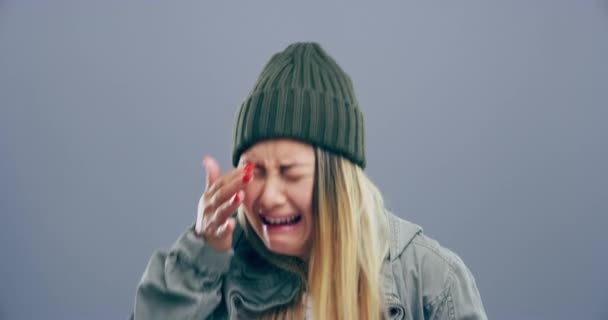 Video Footage Young Woman Crying Grey Background — Αρχείο Βίντεο