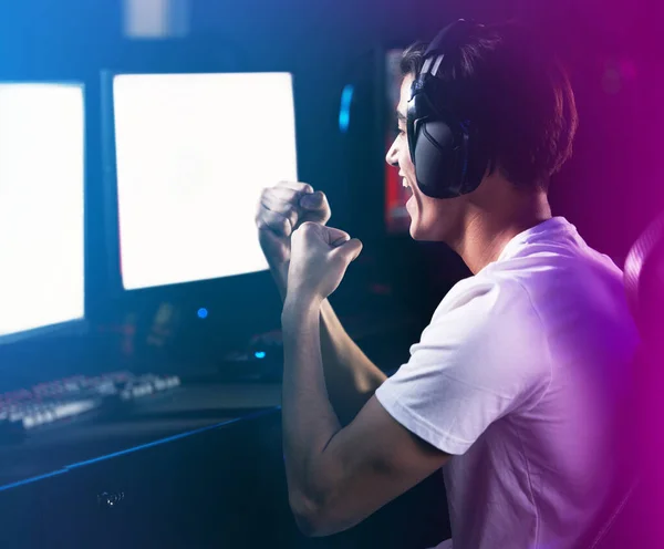 Play Game Get Glory Young Man Cheering While Playing Computer — Foto Stock