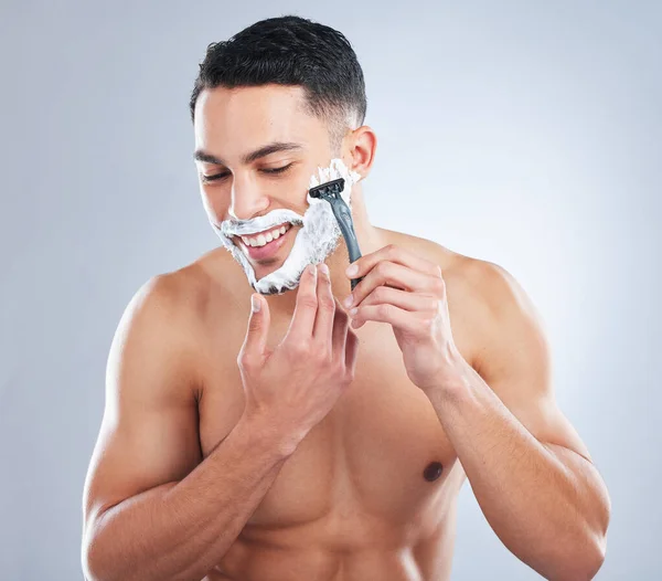 How Smooth Shave Studio Shot Handsome Young Man Shaving Grey — стоковое фото