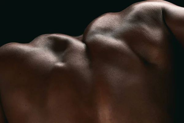 Strong Body Beautiful Work Art Muscular Man Posing Studio Background — Stock fotografie