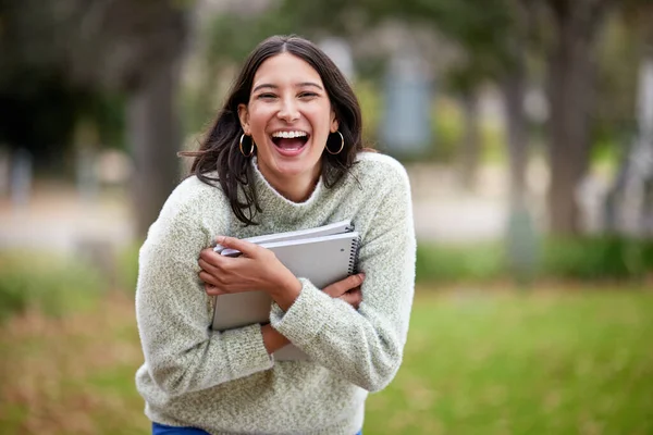 Study Hard Laugh Lot Portrait Young Woman Carrying Her Schoolbooks — Foto Stock