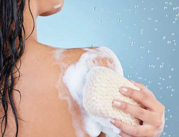 Dont Hate Exfoliate Studio Shot Unrecognisable Woman Taking Shower Blue Royalty Free Stock Images