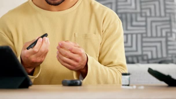 Young Man Diabetes Testing His Blood Sugar Levels Home Diabetic — Αρχείο Βίντεο