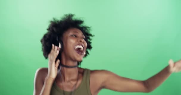 Video Footage Young Woman Using Listening Music Headphones Dancing Green — Video