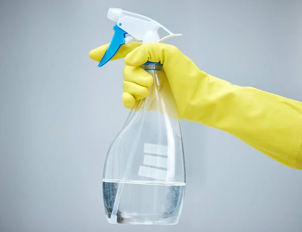 Keep Your Home Safe Clean Hand Holding Spray Bottle Wearing — Foto de Stock
