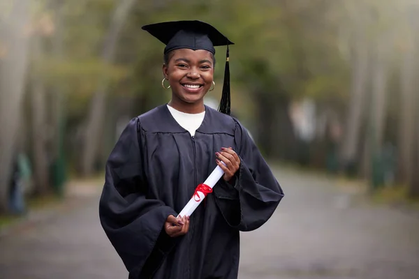 Has Been Years Making Portrait Young Woman Holding Her Diploma — Foto Stock