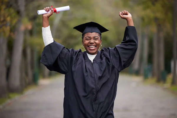 Journey Success Continues Here Portrait Young Woman Cheering Graduation Day — Foto Stock