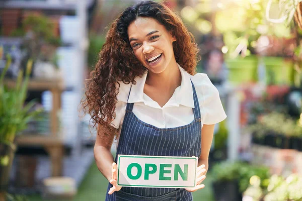 Ready Productive Day Business Owner Holding Open Sign — Photo