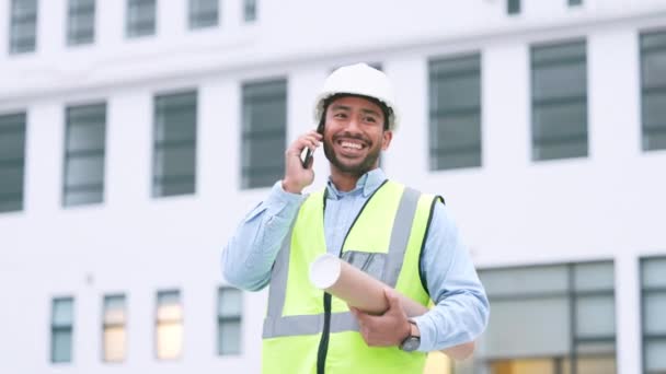 Excited Confident Happy Architect Talking Phone Agreeing Building Plan Office — Stock video