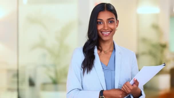 Happy Confident Successful Businesswoman Holding Files While Doing Admin Office — Vídeos de Stock