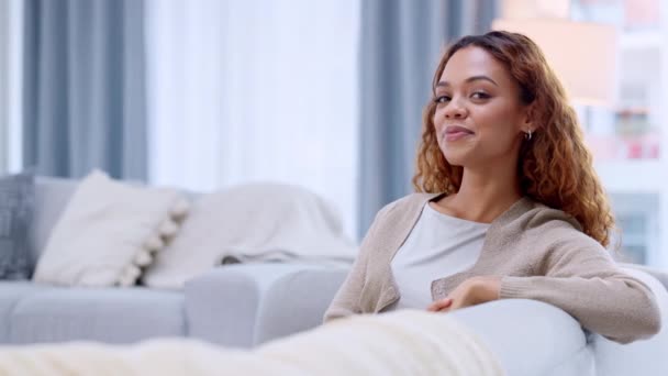 Happy Carefree Smiling Girl Relaxing Sofa Her Living Room Portrait — Wideo stockowe