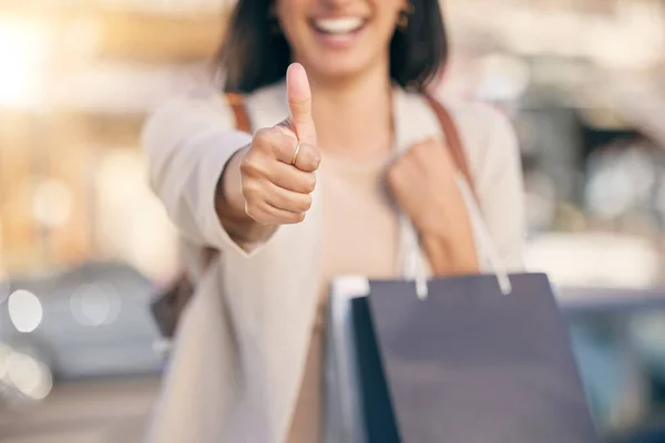Massive Savings Got Them All Young Woman Showing Thumbs Sign — Stok fotoğraf