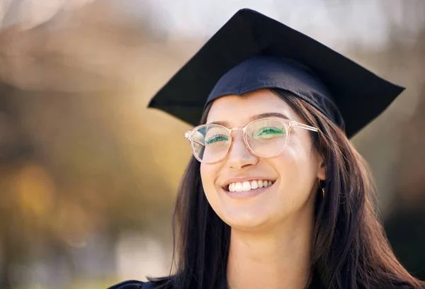 Achieve First Have Believe Happy Young Woman Celebrating Graduation Day — Foto Stock