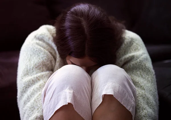 Cant Anymore Young Woman Sitting Floor Looking Distressed — стоковое фото