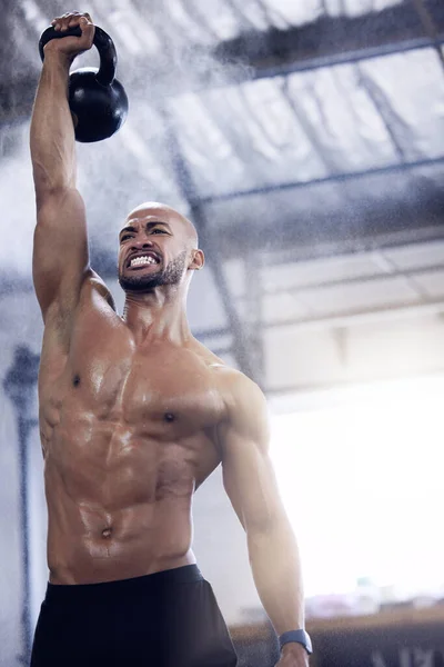 Pain Gain Just Train Young Man Working Out Kettle Bell — Foto de Stock