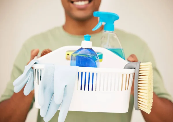 Basket Happiness Man Holding Basket Cleaning Supplies — Foto de Stock